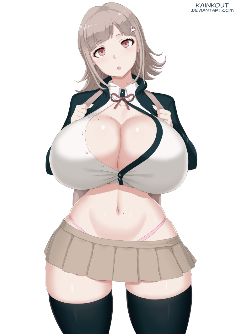 1girl breasts bursting_breasts cleavage danganronpa_(series) female_focus grey_hair huge_breasts kainkout looking_at_viewer microskirt midriff miniskirt nanami_chiaki navel red_eyes short_hair skirt solo thighhighs thong unbuttoned