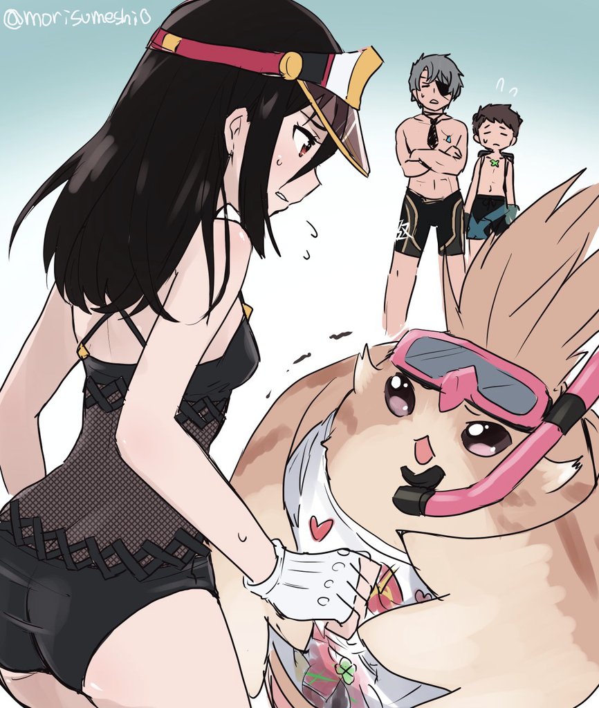 1girl 3boys ass bad_id bad_twitter_id black_hair blush breasts brown_hair eyepatch long_hair madanai_(morisumeshi) morag_ladair_(obligatory_leave)_(xenoblade) morag_ladair_(xenoblade) multiple_boys multiple_girls nintendo red_eyes rex_(cloud_sea_shark)_(xenoblade) rex_(xenoblade) short_hair shorts simple_background smile swimsuit tora_(best_girl_fan)_(xenoblade_2) tora_(xenoblade_2) translation_request xenoblade_chronicles_(series) xenoblade_chronicles_2 zeke_von_genbu_(surfinator)_(xenoblade) zeke_von_genbu_(xenoblade)