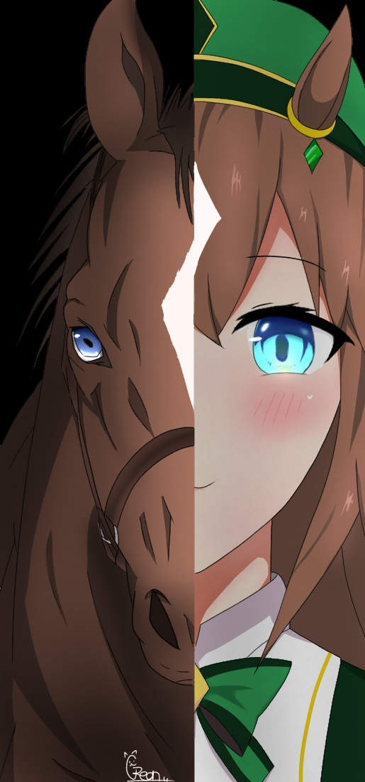 1girl animal_ears blue_eyes blush bow bowtie brown_hair close-up closed_mouth creature_and_personification creon_500 genderswap genderswap_(mtf) green_bow green_bowtie green_headwear horse horse_ears horse_girl just_a_way_(racehorse) justaway looking_at_viewer original personification real_life signature smile split_screen split_theme straight-on umamusume