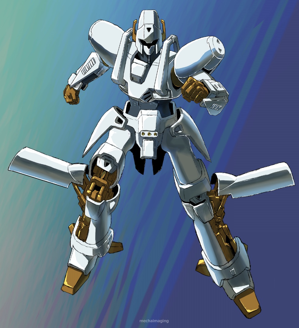 clenched_hands flying gradient_background juusenki_l-gaim l-gaim looking_at_viewer mecha no_humans piston robot science_fiction solo visor yamada_yuuji