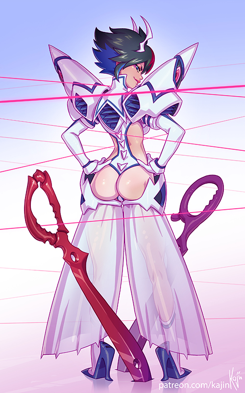 1girl artist_name ass ass_cutout blue_eyes clothing_cutout commentary english_commentary from_behind hands_on_own_hips high_heels junketsu kajin_(kajinman) kill_la_kill life_fiber living_clothes matoi_ryuuko multicolored_hair revealing_clothes scissor_blade_(kill_la_kill) short_hair solo string