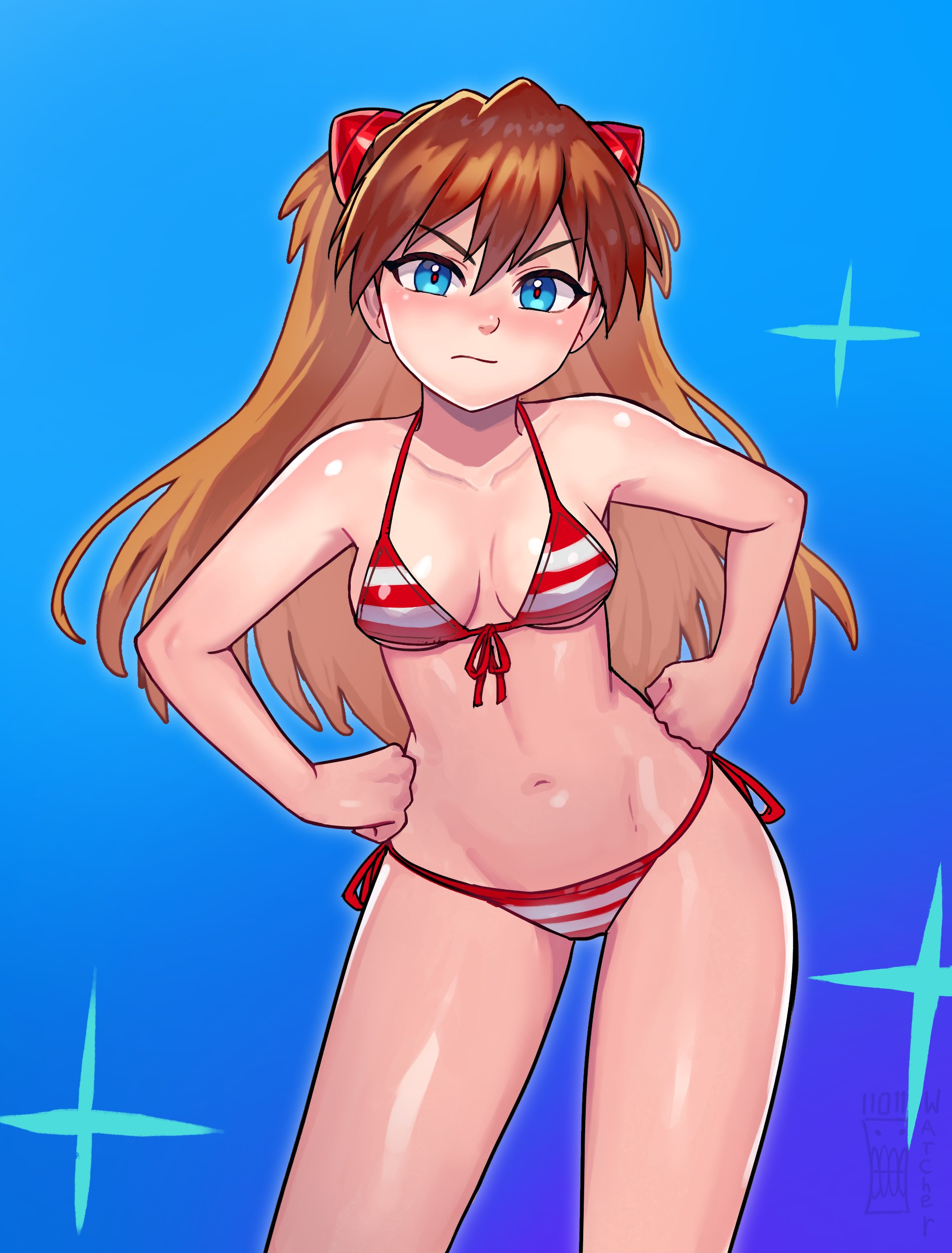 1girl absurdres bikini blue_eyes blush breasts brown_hair hair_ornament hands_on_own_hips highres long_hair looking_at_viewer midriff navel neon_genesis_evangelion orange_hair red_bikini red_pupils solo souryuu_asuka_langley striped_bikini striped_clothes swimsuit two_side_up watcher_hollow