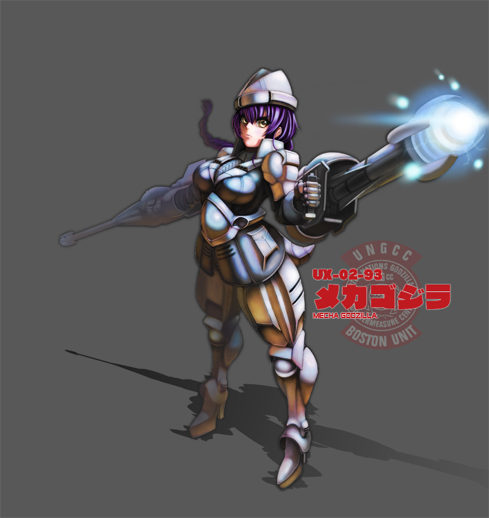 1girl arm_cannon armor blue_electricity breasts cannon character_name directed-energy_weapon electricity energy energy_cannon energy_weapon garuda_(godzilla) godzilla_(series) godzilla_vs._mechagodzilla_ii grey_background kaiju large_breasts ma_sen maser maser_cannon mecha mechagodzilla military personification purple_hair robot simple_background solo standing super_mechagodzilla toho weapon yellow_eyes