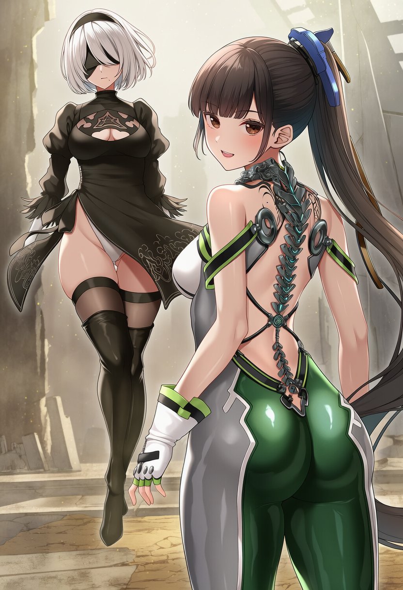 2b_(nier:automata) 2girls android ass bare_shoulders blindfold blush bodysuit boots breasts brown_eyes brown_hair crossover dress eve_(stellar_blade) fingerless_gloves from_behind gloves goddess_of_victory:_nikke hair_ornament hairband highres leotard long_hair looking_at_viewer looking_back medium_breasts multiple_crossover multiple_girls nier:automata nier_(series) open_mouth ponytail senngokuotome short_dress short_hair sideboob smile thick_thighs thigh_boots thighhighs thighs very_long_hair white_hair