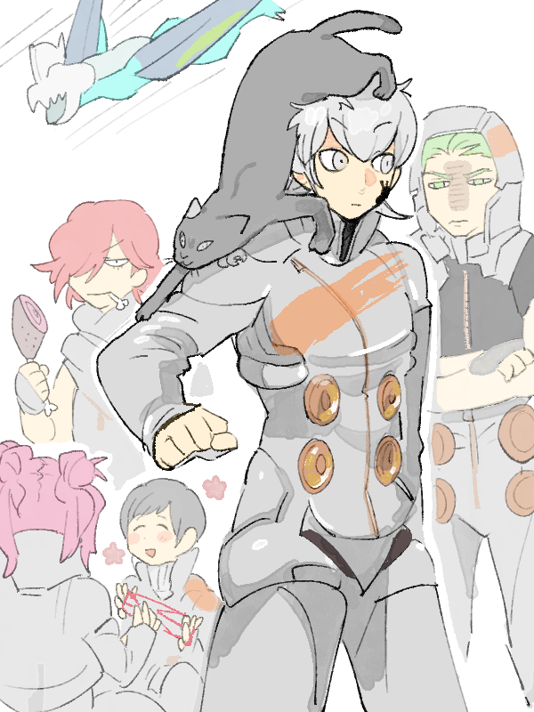 2girls 4boys animal animal_ears animal_on_head argilla bad_id bad_twitter_id bare_shoulders black_hair blush bone boned_meat cat cat_ears cat_tail cielo_(dds) closed_mouth commentary_request crossed_arms digital_devil_saga dyaus_(dds) eating facial_mark fingerless_gloves flying food gale_(dds) gloves green_eyes green_hair grey_eyes grey_hair hair_between_eyes hair_over_one_eye heat_(dds) holding holding_food hood igarashi_(nogiheta) long_hair long_sleeves meat multiple_boys multiple_girls on_head open_mouth pink_hair red_hair schrodinger_(dds) sera_(dds) serph short_hair simple_background smile standing staring tail tattoo twintails white_background wings