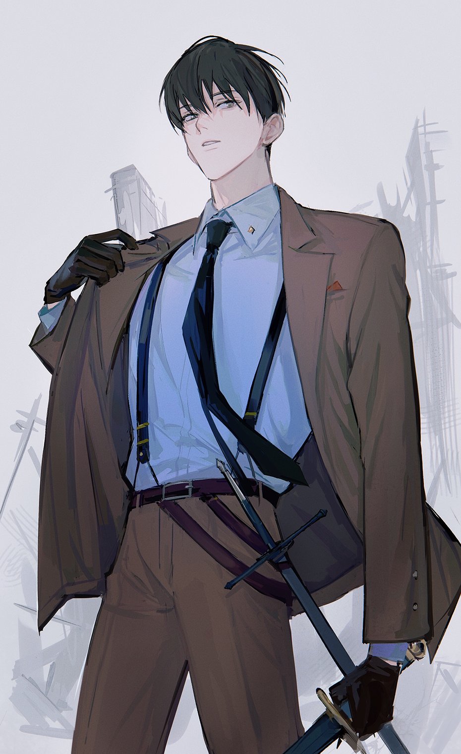 1boy belt black_belt black_gloves black_hair black_necktie brown_eyes brown_pants brown_suit character_request collared_shirt commentary copyright_request feet_out_of_frame formal_clothes gloves highres holding holding_sword holding_weapon jacket lapels layered_sleeves long_sleeves looking_to_the_side male_focus necktie notched_lapels open_clothes open_jacket pants parted_lips shirt short_hair sideways_glance solo standing suit suspenders sword symbol-only_commentary weapon white_shirt wing_collar wonkrin