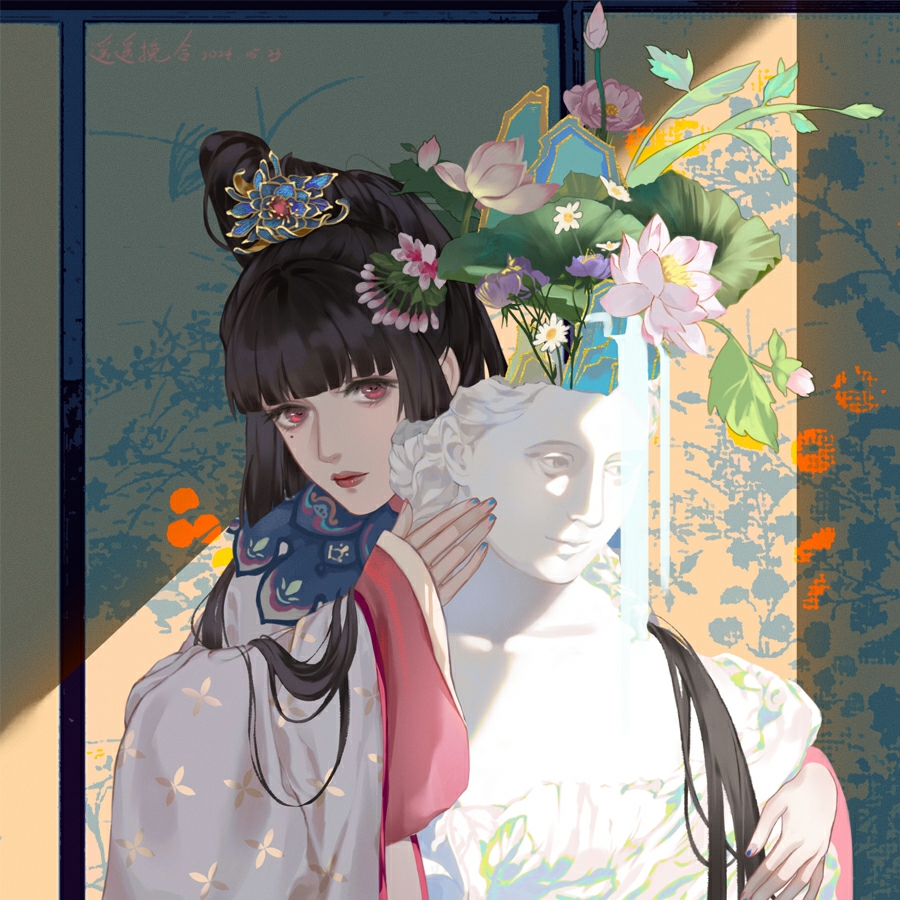 1girl alternate_costume black_hair blue_nails blunt_bangs bust_(sculpture) check_flower chinese_clothes chinese_hairpin commentary dated dress flower flower_request hair_flower hair_ornament looking_at_viewer lotus lotus_leaf marble_(stone) marble_sculpture mole mole_under_eye nail_polish path_to_nowhere peeking_out pink_dress pink_flower red_eyes red_lips shouji sideways_glance signature sliding_doors solo sumire_(path_to_nowhere) symbol-only_commentary upper_body wide_sleeves yaoyao_wanhe yunjian