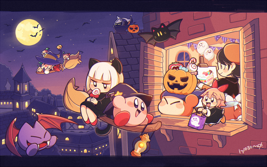 3girls :d ^_^ adeleine animal_ears arms_up back_bow bag bandana bandana_waddle_dee bat_(animal) batty_(kirby) beret black_capelet black_dress black_headwear blue_bandana blunt_bangs blush blush_stickers bow broom broom_riding brown_eyes brown_hair building candy candy_cane canvas_(object) capelet cat_ears cat_tail closed_eyes closed_mouth commentary_request dress easel fairy fairy_wings fangs flapper_(kirby) food full_moon gryll_(kirby) hair_between_eyes hair_ribbon halloween halloween_bucket hat hat_ornament holding holding_bag holding_candy holding_food holding_lollipop invincible_candy keke_(kirby) kirby kirby_(series) letterboxed lollipop long_sleeves looking_at_another maxim_tomato meta_knight midooka_(o_k_k) moon multiple_girls night night_sky nintendo oil_lamp open_mouth orange_dress orange_headwear outdoors painting_(object) pepper_(kirby) pink_hair purple_headwear red_ribbon ribbon ribbon_(kirby) salt_(kirby) short_hair shutter_shades sky smile star_(sky) star_(symbol) star_hat_ornament string_of_flags sugar_(kirby) swirl_lollipop tail v-shaped_eyebrows white_bow white_hair window wings witch_hat
