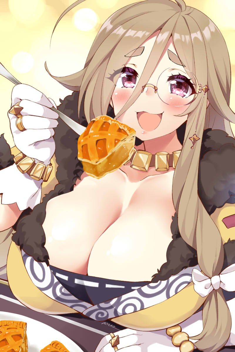 1girl ahoge blonde_hair blush breasts cleavage creditta_(princess_connect!) food fork fur_trim gloves highres huge_breasts jewelry large_breasts long_hair looking_at_viewer monocle necklace open_mouth pancake princess_connect! red_eyes ring ryuki_(ryukisukune) solo thick_eyebrows