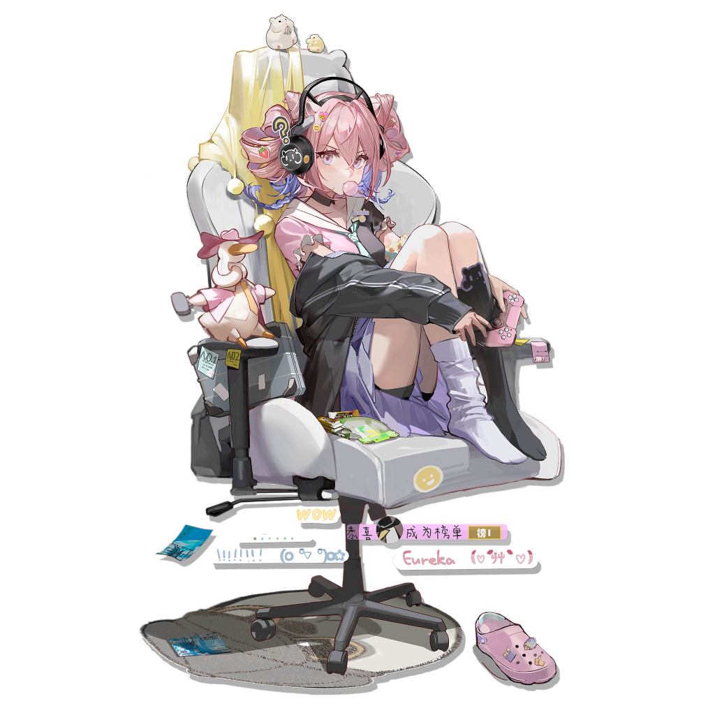 1girl ? animal_ears arknights asymmetrical_legwear bag black_jacket black_socks blue_hair blue_necktie blue_skirt braid bubble chair character_doll character_name character_rug chewing_gum chinese_text collarbone controller crocs detached_collar drill_hair duck_lord_(arknights) full_body game_controller gaming_chair gopnik_(arknights) gradient_hair hair_horns hamster hamster_ears handbag headphones heart_emoji holding holding_controller holding_game_controller hugging_own_legs jacket kneehighs knees_up looking_at_viewer lungmen_dollar mismatched_legwear multicolored_hair necktie no_shoes official_art pink_hair rug seed shoes single_kneehigh single_sock skirt smile_emoji snack socks sticker striped_clothes striped_jacket sunflower_seed swivel_chair translation_request transparent_background twin_braids two-tone_shirt u-official_(arknights) unworn_shoes vertical-striped_clothes vertical-striped_jacket white_socks zheshe_jing
