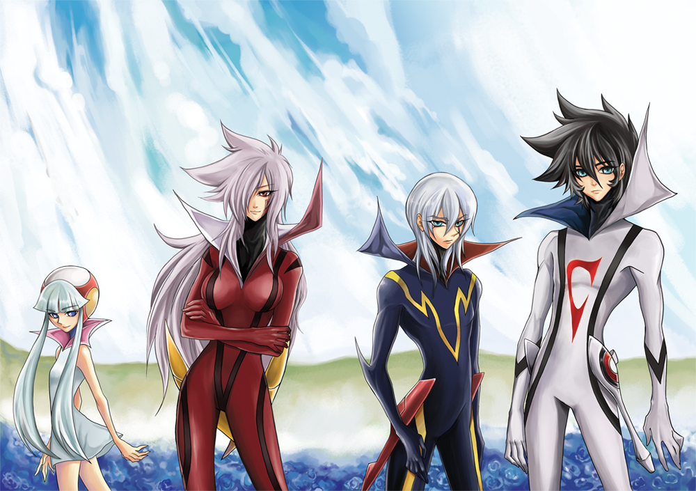 00s 2boys 2girls android bad_id bad_pixiv_id black_hair blue_eyes bodysuit casshern casshern_(series) casshern_sins day dio flower grey_hair leda_(casshern_sins) light_purple_hair luna_(casshern_sins) mokking multiple_boys multiple_girls red_eyes skin_tight sky