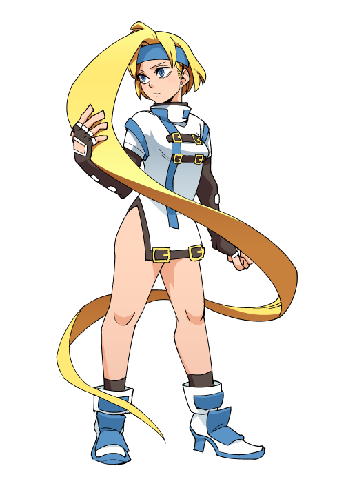 1girl absurdly_long_hair blonde_hair blue_eyes breasts closed_mouth fingerless_gloves full_body gloves guilty_gear guilty_gear_x guilty_gear_xx headband hounori long_hair medium_breasts millia_rage prehensile_hair simple_background skirt solo very_long_hair white_background