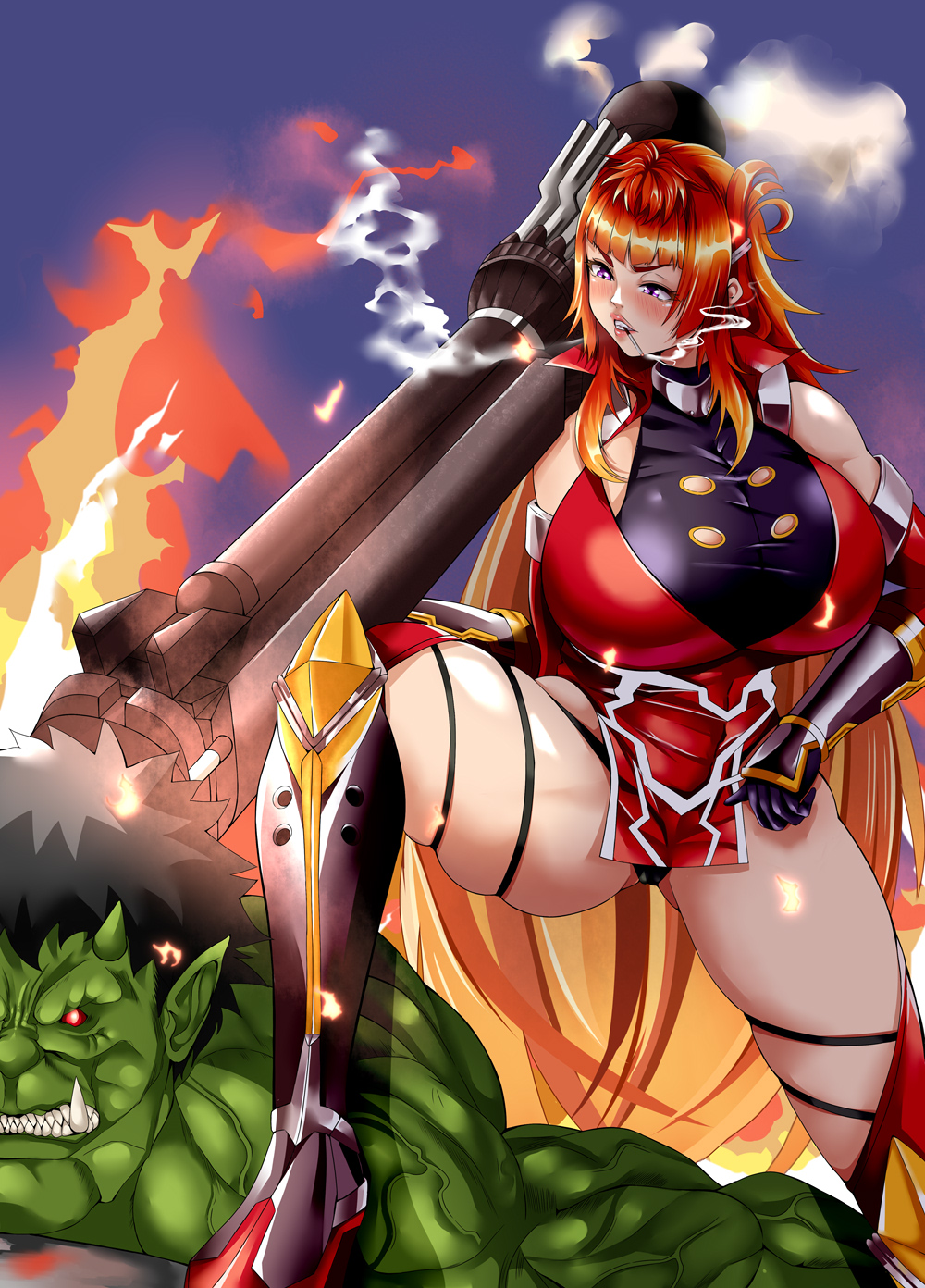 1boy 1girl ass bazooka boots breasts cameltoe cigarette curvy defeat dress femdom full_body highleg highleg_panties highres huge_breasts kamimura_maika long_hair looking_at_another orc panties pelvic_curtain purple_eyes red_dress simple_background skindentation smoking string_panties taimanin_(series) taimanin_rpgx thong underwear very_long_hair weapon white_background