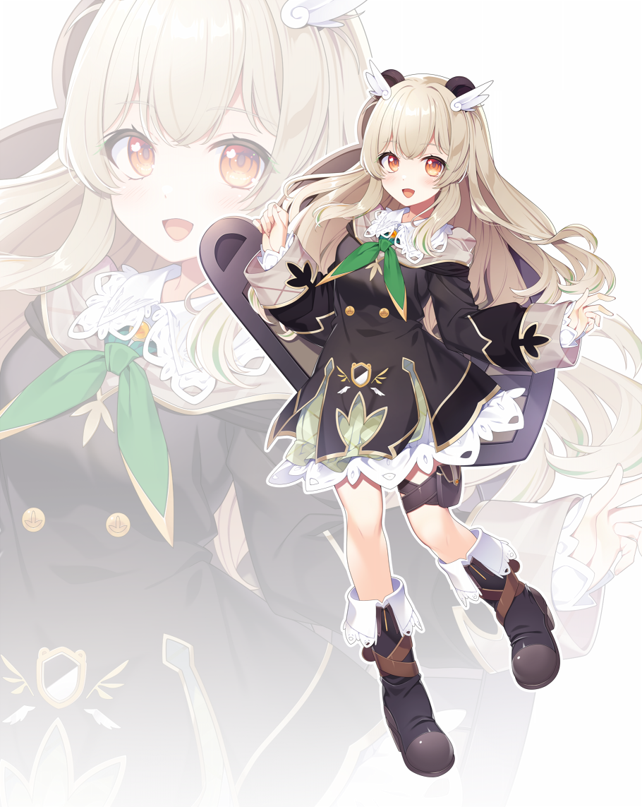1girl amatsuna_sasaha animal_ears azma_(mitch55) belt blush brown_eyes brown_hair commentary_request full_body hair_ornament indie_virtual_youtuber long_hair looking_at_viewer official_art open_mouth shield shield_on_back shoes standing thigh_belt thigh_strap virtual_youtuber white_background winged_hair_ornament