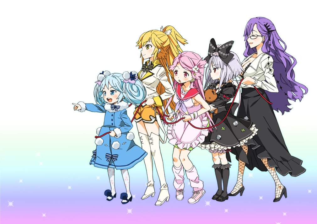 10s 5girls akari_(fantasista_doll) blonde_hair blue_eyes blue_hair breasts cleavage dress fantasista_doll glasses hair_ornament jacket katia_(fantasista_doll) katou_haruaki long_hair madeleine_(fantasista_doll) multiple_girls pink_hair pointing ponytail purple_hair rope sasara_(fantasista_doll) shimeji_(fantasista_doll) shorts skirt smile thighhighs walking white_legwear yellow_eyes