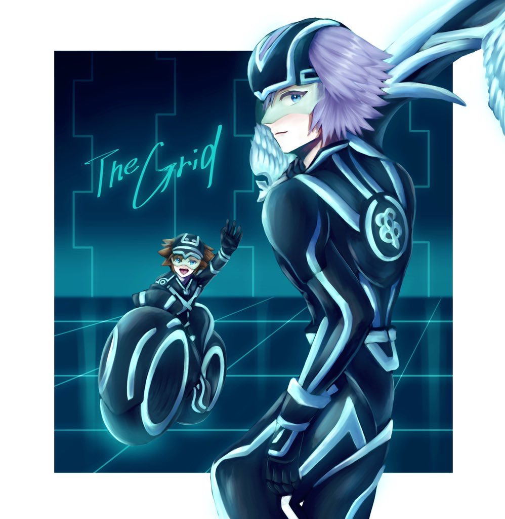 2boys :d black_bodysuit black_gloves blue_bodysuit blue_eyes bodysuit border brown_hair closed_mouth cocoro_oq english_text from_behind gloves holding holding_weapon keyblade kingdom_hearts looking_at_viewer looking_back male_focus motor_vehicle motorcycle multiple_boys neon_trim on_motorcycle open_mouth outside_border smile spiked_hair tron waving weapon white_border white_hair