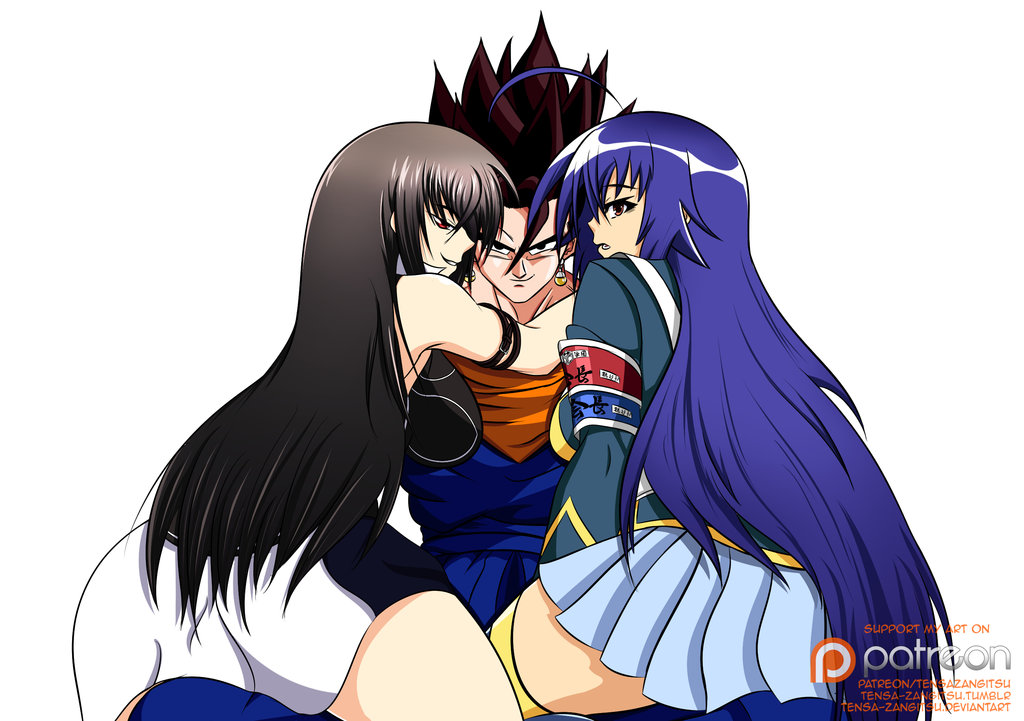 10s 1boy 2girls ahoge arm_around_neck armband ass black_hair blue_hair crossover dougi dragon_ball dragon_ball_super dragonball_z earrings fusion girl_on_top girl_sandwich grin hetero jewelry karate_gi kawakami_momoyo kurokami_medaka long_hair maji_de_watashi_ni_koi_shinasai! medaka_box multiple_crossover multiple_girls orange_shirt patreon_logo potara_earrings saiyan sandwiched school_uniform shirt sitting sitting_on_lap sitting_on_person skirt smile spiked_hair thick_thighs thighs vegetto white_background