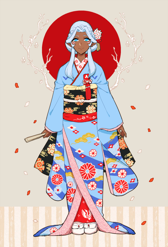 1girl blue_eyes closed_mouth commentary_request dark-skinned_female dark_skin dress facial_mark flower full_body hair_flower hair_ornament hand_fan hyakujuu-ou_golion japanese_clothes kimono light_smile long_hair long_sleeves looking_at_viewer pointy_ears ponzu_(beetle_burner) princess_allura red_sun smile solo voltron:_legendary_defender voltron_(series) white_hair
