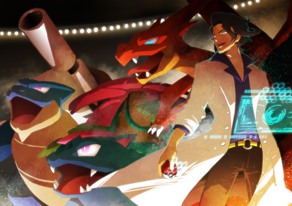 1boy professor_sycamore belt black_hair blastoise blue_eyes blue_shirt brown_pants cannon charizard coat collared_shirt commentary_request fangs gen_1_pokemon glowing glowing_eyes holding holding_poke_ball itsuka_(amnesiac) lab_coat mega_blastoise mega_charizard_y mega_pokemon mega_venusaur nintendo open_clothes open_coat open_mouth pants pink_eyes poke_ball poke_ball_(basic) pokemon pokemon_(creature) pokemon_xy sharp_teeth shirt standing starter_pokemon_trio teeth tongue v-shaped_eyes venusaur white_coat yellow_belt