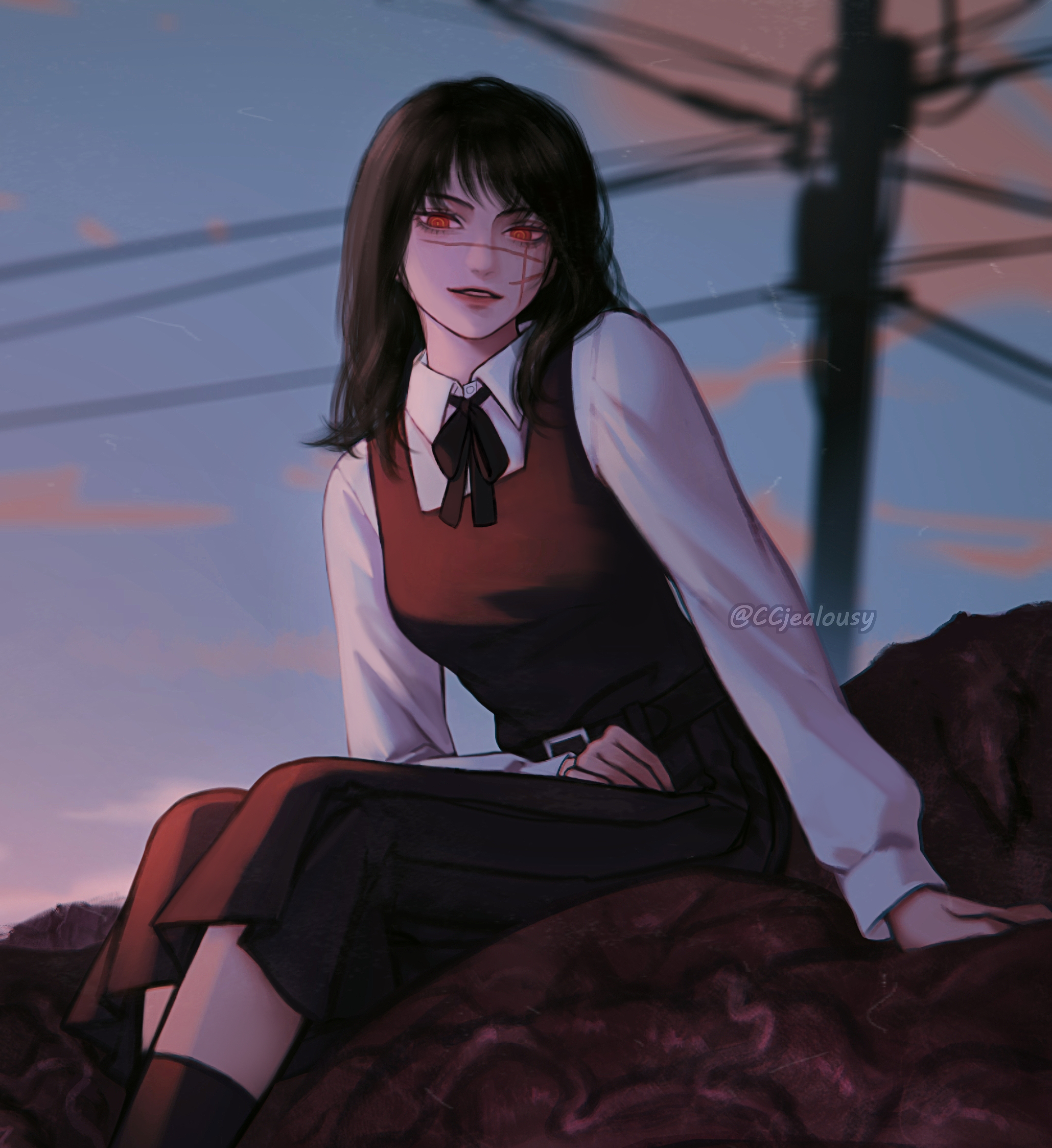 1girl black_dress black_hair breasts chainsaw_man commentary cross_scar czy_(2894456992) dress facial_scar fourth_east_high_school_uniform highres long_sleeves medium_breasts medium_dress orange_eyes parted_lips pinafore_dress pleated_dress ringed_eyes scar scar_on_cheek scar_on_face scar_on_nose school_uniform sitting sleeveless sleeveless_dress smile solo utility_pole yoru_(chainsaw_man)