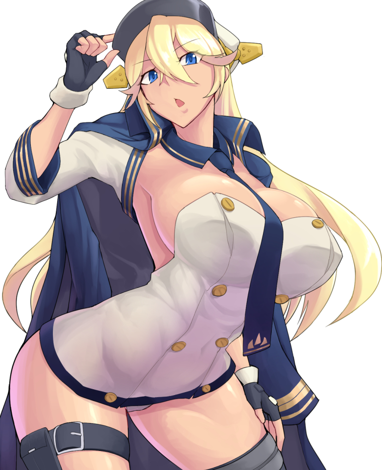 1girl azur_lane black_gloves blonde_hair blue_eyes breasts dashigarayama female_focus fingerless_gloves gloves hat jacket jacket_on_shoulders large_breasts long_hair looking_at_viewer necktie open_mouth simple_background solo tennessee_(azur_lane) thigh_strap very_long_hair white_background