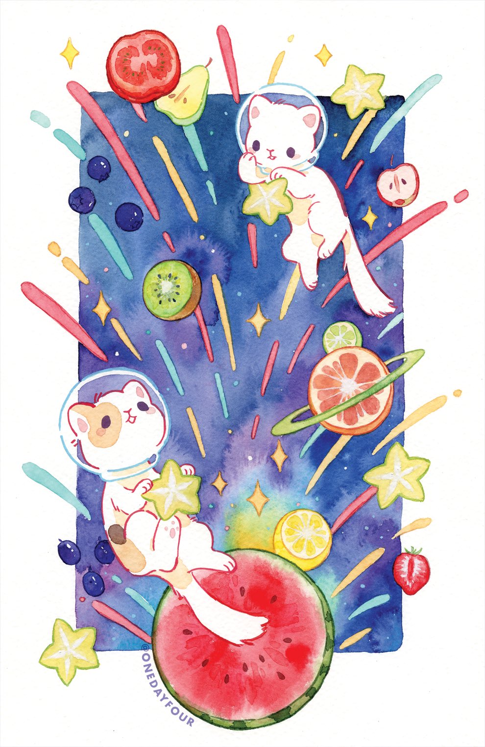 animal animal_focus blueberry calico_(pattern) calico_cat cat fluff food fruit helmet highres kiwi_(fruit) lemon no_humans onedayfour open_mouth orange_(fruit) original painting_(medium) pear planet space space_helmet star_(sky) starfruit strawberry traditional_media watercolor_(medium) watermelon white_cat