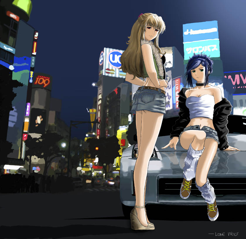 00s 109_(department_store) 2girls bare_legs bare_shoulders black_jacket black_neckwear black_tube_top blue_hair brown_footwear car choker denim denim_skirt fujino_shizuru fur-trimmed_jacket fur_trim green_eyes green_jacket hair_ornament hairclip imageboard_desourced index_finger_raised jacket kuga_natsuki leg_warmers legs light_brown_hair lone_wolf long_hair looking_at_viewer midriff miniskirt motor_vehicle multiple_girls my-hime my-otome natsuki_kruger nissan nissan_350z nissan_fairlady nissan_fairlady_z non-web_source on_car on_vehicle open_clothes open_jacket pencil_skirt photoshop_(medium) platform_footwear red_eyes shibuya_(tokyo) shibuya_109 shirt shizuru_viola shoes signature sitting skirt sneakers strapless tokyo_(city) tube_top white_legwear white_shirt white_tube_top