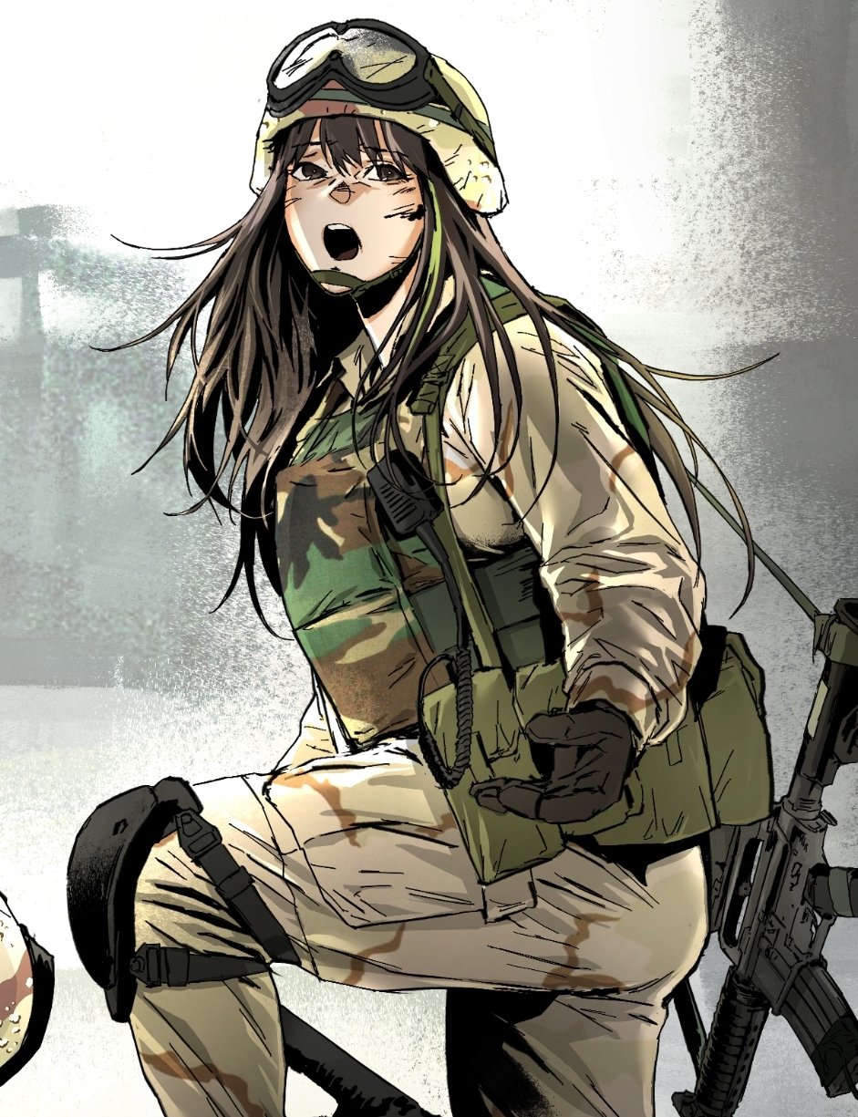 1girl alternate_costume assault_rifle black_gloves brown_eyes brown_hair bulletproof_vest camouflage camouflage_helmet camouflage_jacket camouflage_pants camouflage_vest combat_helmet foreshortening girls&#039;_frontline gloves goggles goggles_on_headwear green_hair gun gun_sling helmet highres jacket knee_pads m4_carbine m4a1_(girls&#039;_frontline) maxturbo69 military military_combat_uniform military_uniform multicolored_hair open_mouth pants pouch rifle streaked_hair teeth two-tone_hair upper_teeth_only weapon