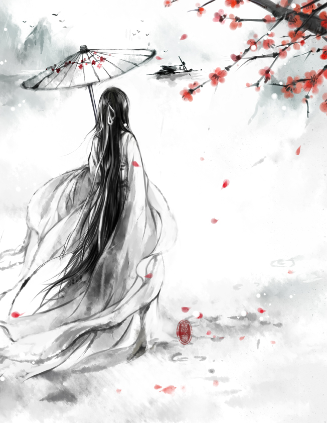 1girl black_hair boat chinese_clothes falling_petals flower from_behind hanfu holding holding_umbrella ink_wash_painting long_hair original outdoors parasol petals plum_blossoms shawl spot_color umbrella very_long_hair watercraft xuedaixun zhongguo_hua