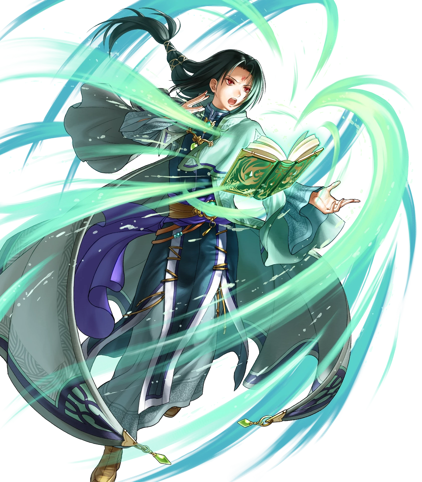 1boy black_hair book boots brooch brown_boots capelet casting_spell coat facial_mark fire_emblem fire_emblem:_radiant_dawn fire_emblem_heroes floating floating_book floating_object forehead_mark full_body gem glowing_book green_gemstone highres jewelry kita_senri long_hair magic male_focus nintendo non-web_source official_art open_book open_mouth red_eyes sash solo soren_(fire_emblem) soren_(radiant_confidant)_(fire_emblem) transparent_background waist_sash