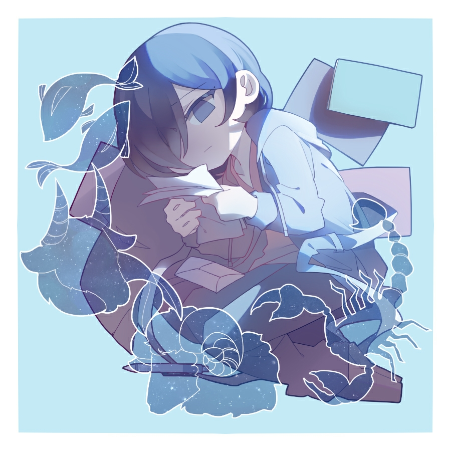 1boy aiba_ibuki blue_eyes blue_hair blue_jacket border brown_pants brown_shirt capricorn_(zodiac) closed_mouth commentary_request deformed holding holding_paper hood hood_down hooded_jacket jacket long_sleeves lying male_focus no_nose on_side pants paper papers pisces_(symbol) saibou_shinkyoku scorpio_(zodiac) shirt solo taurus_(zodiac) white_border yin_rouhi zodiac
