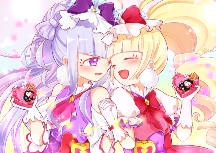 2girls ^_^ aihira_(aihira12) aisaki_emiru apron ascot bag_bow bare_shoulders blonde_hair blue_hat blunt_bangs bow bow-shaped_hair bowtie closed_eyes clothing_cutout collared_shirt colorful_background corset cowboy_shot crying crying_with_eyes_open cure_amour cure_macherie diamond_brooch dress drill_hair earrings frilled_apron frilled_headwear frilled_shirt_collar frilled_sleeves frills gloves happy happy_tears hat hat_bow high_collar holding holding_hands holding_toy hugtto!_precure interlocked_fingers jewelry large_earrings light_blush light_particles long_hair looking_at_another magical_girl makeup mascara mini_hat multiple_girls open_mouth pinafore_dress pink_ascot pink_bow pink_gloves pom_pom_(clothes) pom_pom_earrings precure puffy_short_sleeves puffy_sleeves purple_bow purple_dress purple_eyes purple_hair red_bow red_bowtie red_corset red_dress ruru_amour shirt short_sleeves shoulder_cutout sleeveless sleeveless_dress smile sparkle tareme teardrop tears toy twin_drills twintails very_long_hair waist_bag white_gloves white_shirt wrist_bow yellow_bag yellow_brooch