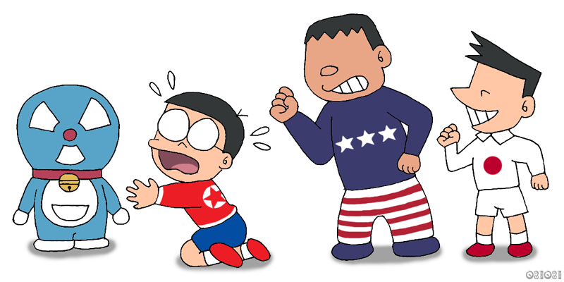 3boys doraemon gouda_takeshi honekawa_suneo japan multiple_boys nobi_nobita north_korea united_states