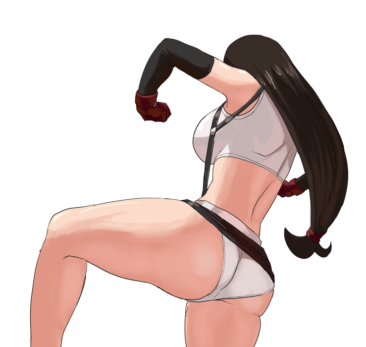 1girl 78_(tky8) ass back bare_legs belt black_gloves black_hair breasts elbow_gloves final_fantasy final_fantasy_vii gloves hairband large_breasts long_hair panties red_gloves shorts simple_background solo sports_bra square_enix standing tifa_lockhart underwear vest white_background white_panties
