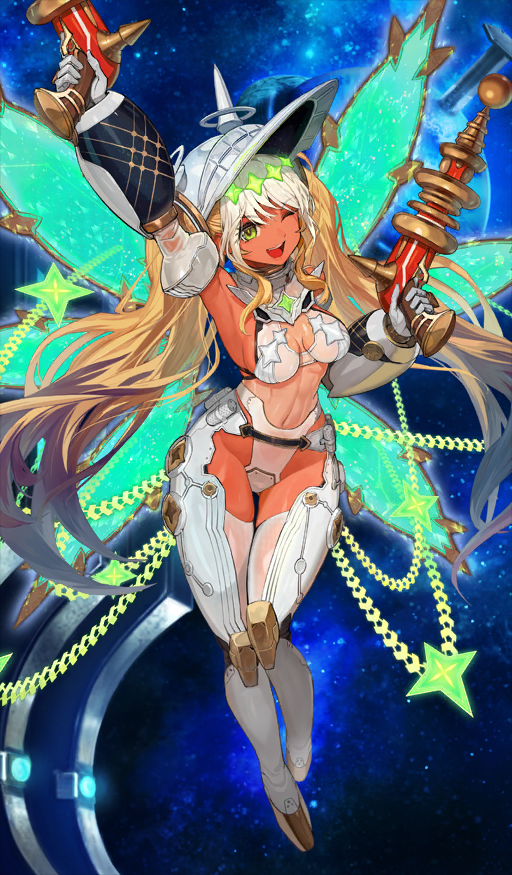 1girl andromeda_(exhibition_attire)_(fate) andromeda_(fate) arm_up armpits bare_shoulders blonde_hair blush boots bra breasts chain cleavage dark-skinned_female dark_skin diamond_hairband energy_gun fate/grand_order fate_(series) gloves gold_teeth green_eyes helmet jaws knee_boots lack large_breasts long_hair looking_at_viewer low_twintails multicolored_hair official_art one_eye_closed open_mouth panties ray_gun sidelocks smile solo thighhighs twintails two-tone_hair underwear weapon white_boots white_bra white_gloves white_hair white_panties white_thighhighs