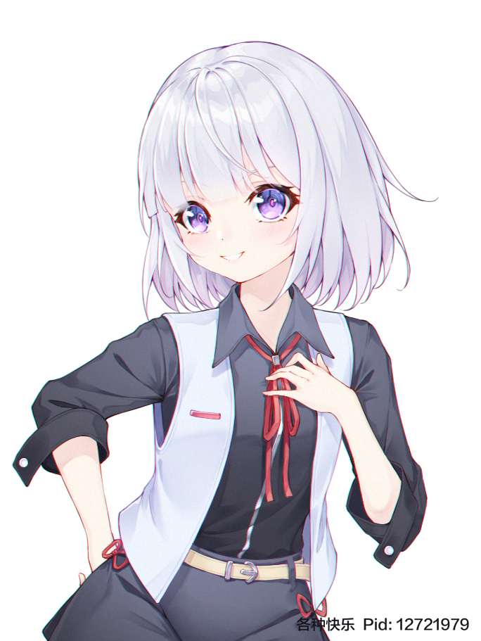 1girl aged_down alternate_costume artist_name belt black_shirt black_shorts collared_shirt commission ge_zhong_kuaile girls&#039;_frontline grey_vest hand_on_own_chest hand_on_own_hip pixiv_commission pixiv_id purple_eyes red_ribbon ribbon rpk-16_(girls&#039;_frontline) shirt short_hair shorts smile upper_body vest white_background white_hair