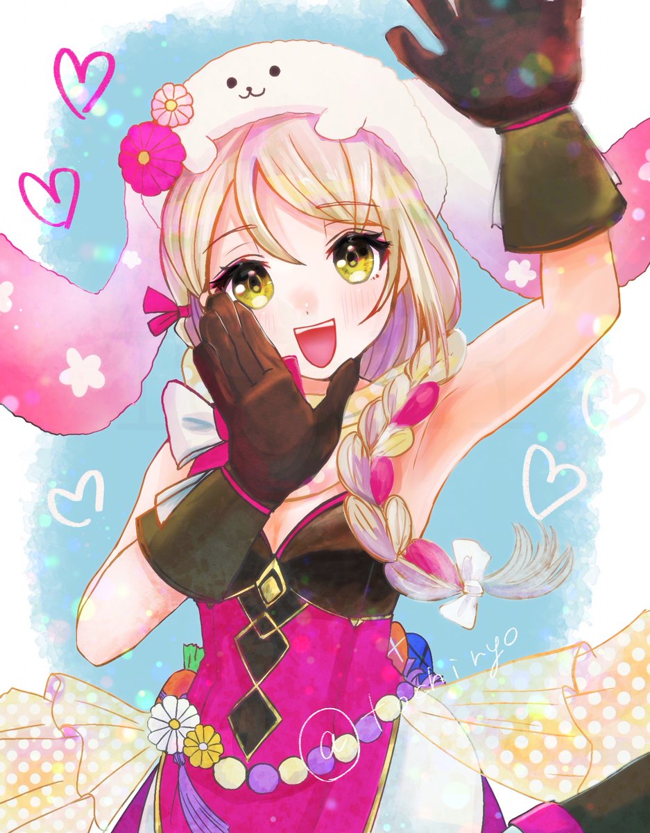 1girl animal_hat blonde_hair braid braided_ponytail brown_gloves expressive_clothes fire_emblem fire_emblem_engage fire_emblem_heroes framme_(fire_emblem) framme_(spring)_(fire_emblem) gloves hair_over_shoulder hat highres nintendo official_alternate_costume rabbit_hat scarf solo tochiryo yellow_eyes yellow_scarf