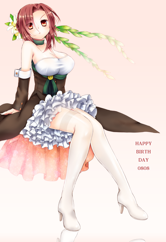 1girl aozaki_touko bad_id bad_pixiv_id boots breasts cleavage dated detached_sleeves dress female_focus full_body happy_birthday high_heels kamehima kara_no_kyoukai large_breasts mahou_tsukai_no_yoru red_eyes red_hair short_hair sitting solo thigh_boots thighhighs