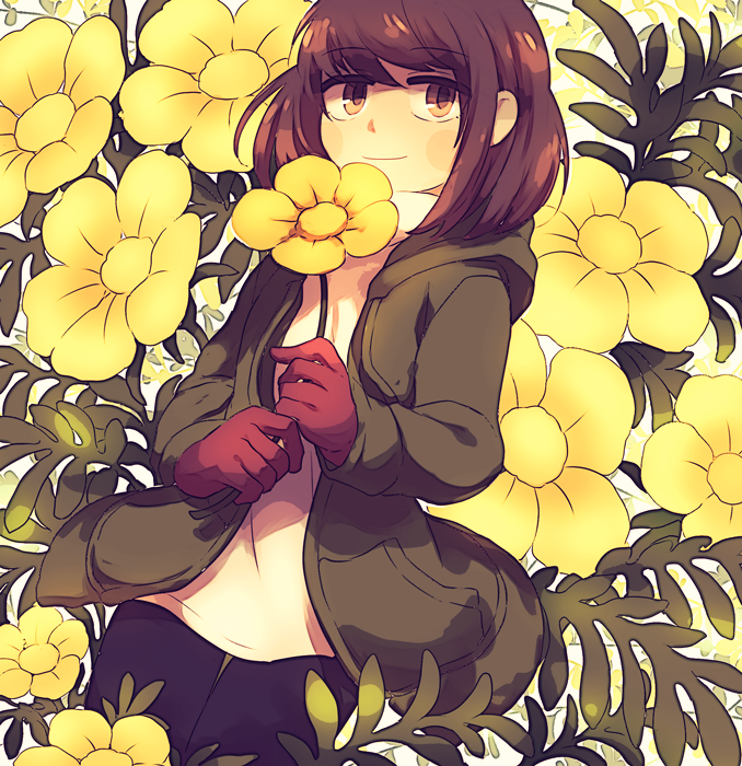 1other black_pants bob_cut brown_hair chara_(undertale) closed_mouth commentary cowboy_shot english_commentary field flower flower_field gloves green_jacket hair_between_eyes holding holding_flower hood hood_down hooded_jacket jacket jitome lari-lab leaf long_sleeves looking_at_viewer medium_hair open_clothes open_jacket other_focus pants pocket red_gloves shirt simple_background smile solo standing storyshift thigh_gap turtleneck turtleneck_shirt undertale white_background white_shirt yellow_eyes yellow_flower