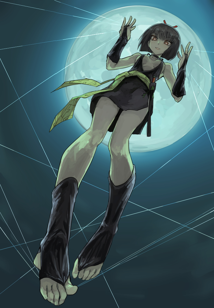 1girl bad_id bad_pixiv_id bare_legs barefoot black_gloves black_hair blue_background bob_cut breasts breasts_apart bridal_gauntlets bright_pupils choker cleavage dark feet female_focus fingerless_gloves foreshortening from_below fushoku gloves hair_ribbon hands_up inuyasha japanese_clothes kimono moon moonlight night ninja red_eyes red_ribbon revealing_clothes ribbon sheath sheathed short_hair short_kimono sideboob sleeveless sleeveless_kimono small_breasts smile solo string sword thread toeless_legwear toes weapon white_pupils sakasagami_no_yura