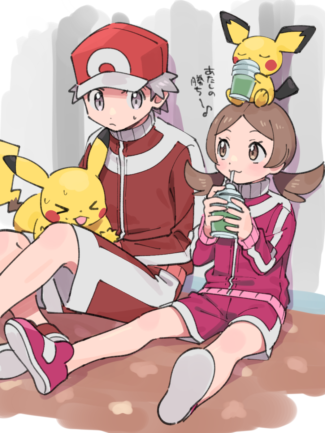 &gt;_&lt; 1boy 1girl :3 against_wall brown_eyes brown_hair brown_shoes commentary_request creatures_(company) cup drinking eighth_note frown game_freak gen_1_pokemon gen_2_pokemon grey_eyes grey_hair highres holding holding_cup jacket lyra_(pokemon) musical_note nintendo pichu pikachu pink_jacket pink_shoes pink_shorts pokemon pokemon_(creature) pokemon_hgss pumpkinpan red_(pokemon) red_jacket red_shorts shoes shorts sitting smile sweat sweatdrop track_jacket translation_request twintails