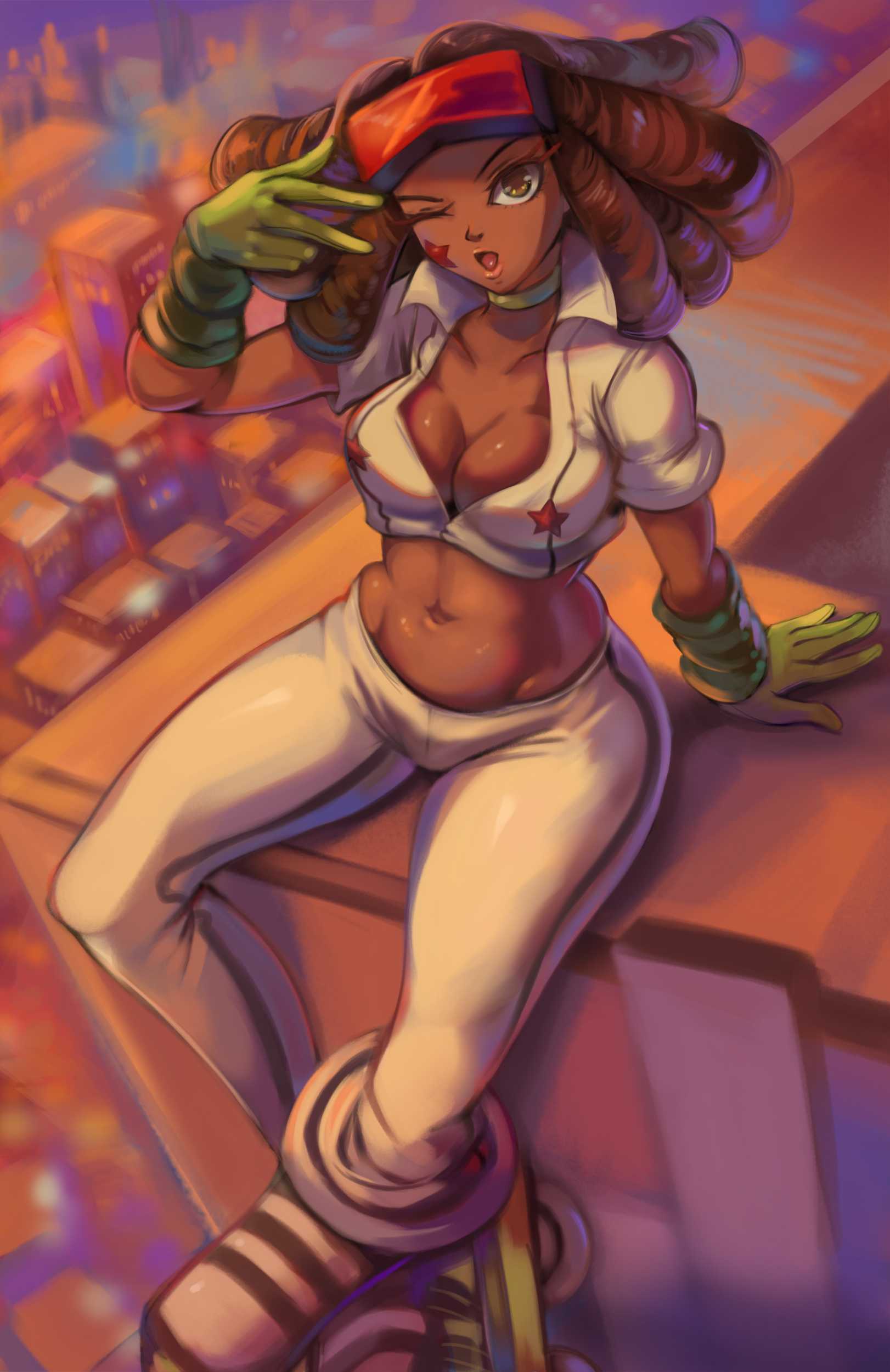 1girl absurdres breasts brown_eyes brown_hair choker city cleavage collarbone crop_top dark-skinned_female dark_skin day eyelashes eyewear_on_head facial_tattoo female_focus gloves goggles green_choker green_gloves groin hand_up head_tilt highres jet_set_radio long_hair looking_at_viewer medium_breasts midriff navel one_eye_closed open_mouth outdoors pants piranha_(jsr) red-tinted_eyewear roller_skates rooftop sega shirt short_sleeves sitting skates solo star_(symbol) star_tattoo stomach tattoo tinted_eyewear toasty_scones toned w white_footwear white_pants white_shirt wink y2k_fashion