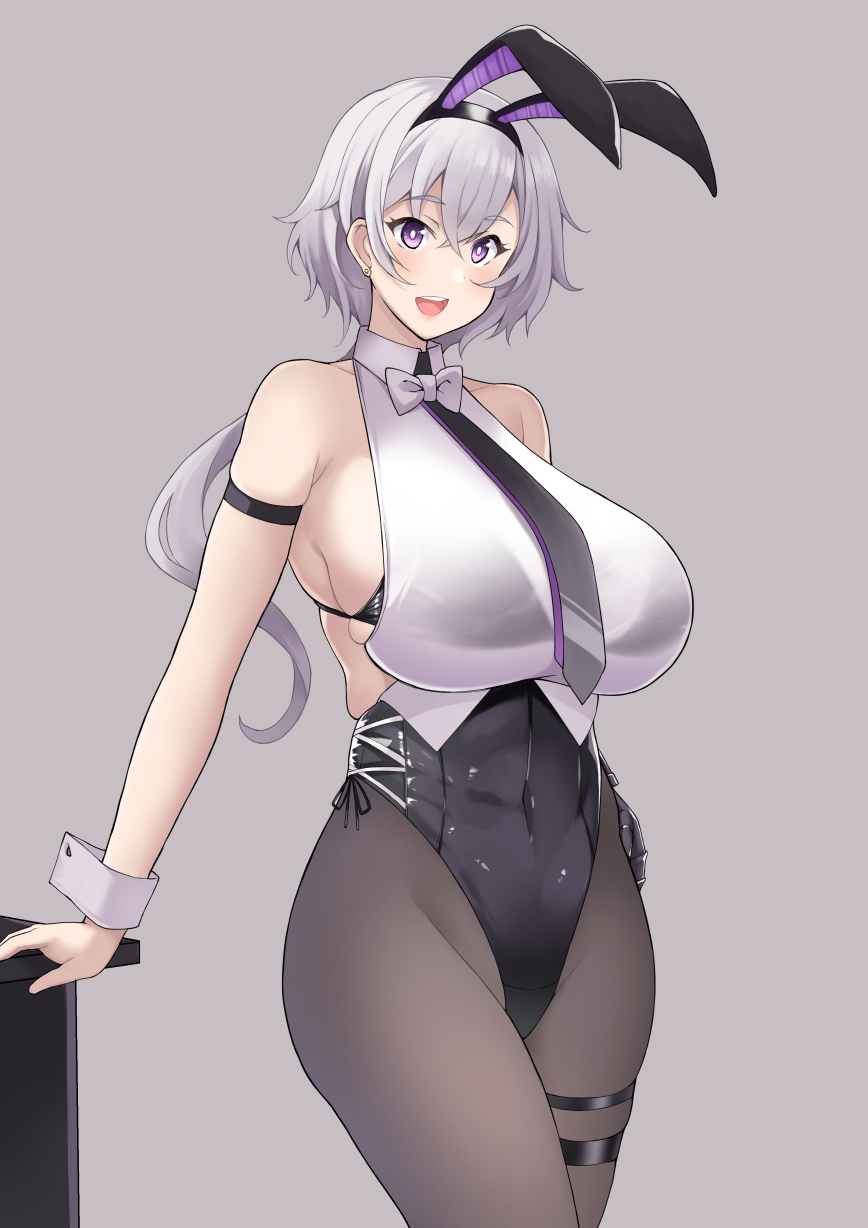 1girl :d animal_ears arm_strap arm_support azur_lane bare_shoulders bikini bikini_top_only bikini_under_clothes black_bikini black_hairband black_leotard black_necktie black_pantyhose bow bowtie breasts collarbone commentary_request cowboy_shot earrings fake_animal_ears grey_background grey_hair hair_between_eyes hairband hand_on_own_hip highres jewelry kusano_(torisukerabasu) large_breasts leotard long_hair low_ponytail mechanical_hands necktie official_alternate_costume open_mouth pantyhose partial_commentary playboy_bunny ponytail purple_eyes rabbit_ears reno_(azur_lane) reno_(reno_bunnino)_(azur_lane) see-through_clothes see-through_shirt shirt side-tie_leotard sideboob sidelocks simple_background single_mechanical_hand skindentation sleeveless sleeveless_shirt smile solo standing stud_earrings swimsuit table thigh_strap white_bow white_bowtie white_shirt wrist_cuffs