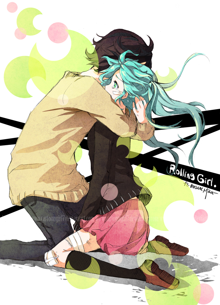 1boy 1girl aqua_eyes aqua_hair bandages bandaid black_hair black_socks comforting couple denim hatsune_miku hetero hug jeans joanna_(mojo!) kneehighs kneeling long_hair pants rolling_girl_(vocaloid) scrape short_hair skirt socks sweater tears twintails vocaloid watermark