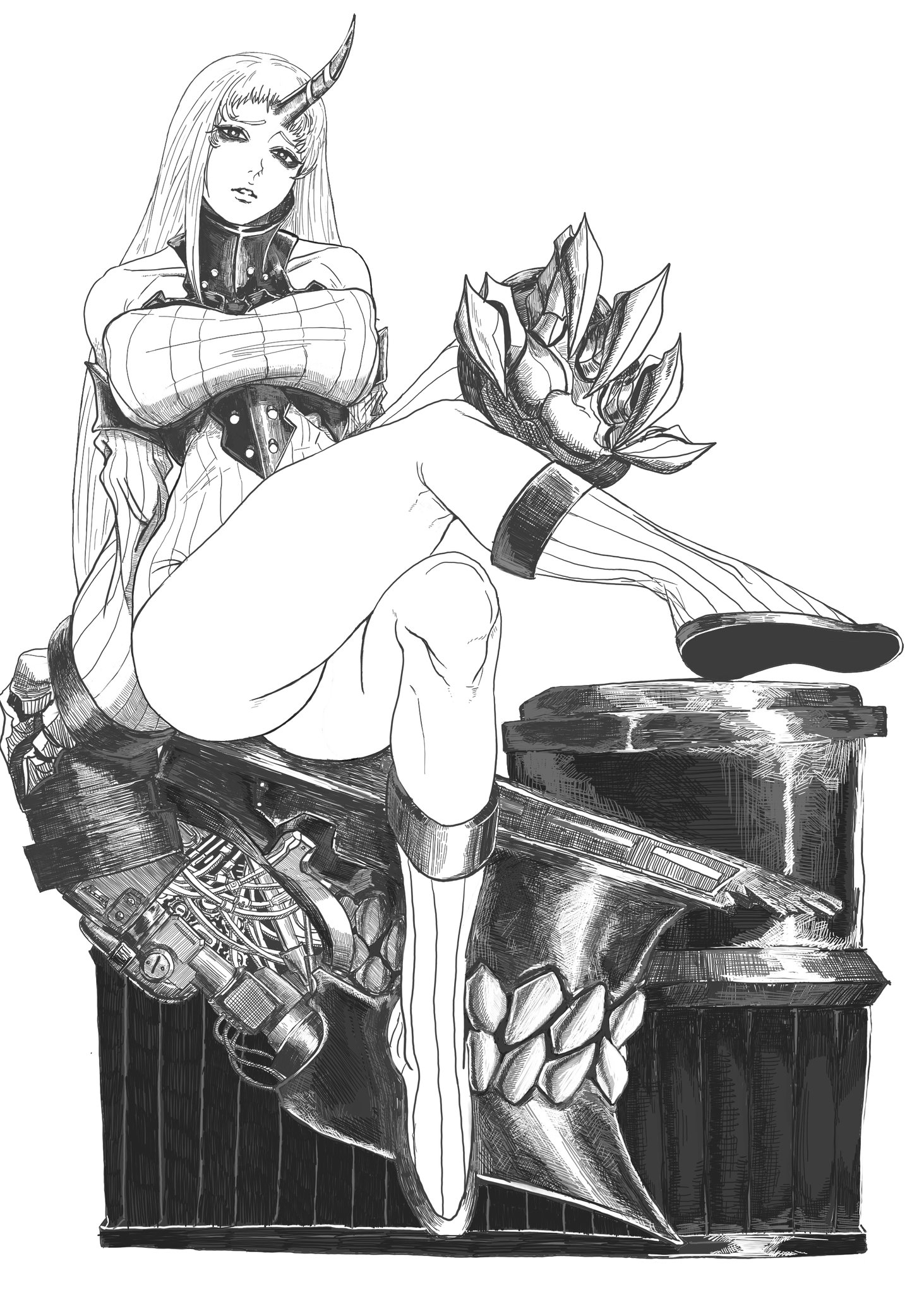 1girl abyssal_ship ass braid breasts claws covered_erect_nipples crossed_legs detached_sleeves dress greyscale highres huge_claws kantai_collection large_breasts long_hair microdress monochrome nnsee_d seaport_princess single_braid sitting solo wide_sleeves