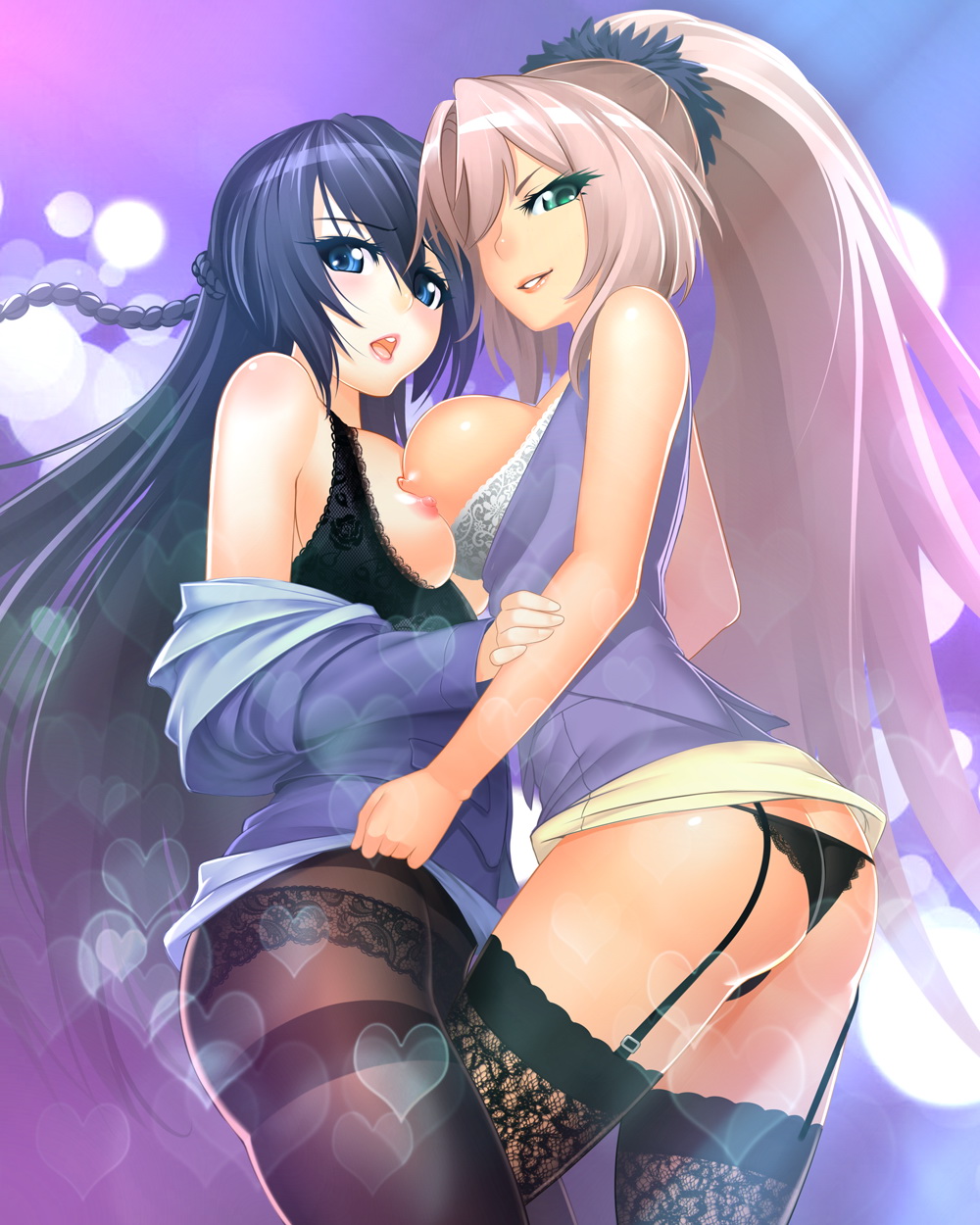2girls anesha ar_tonelico ass bare_shoulders black_hair black_legwear blonde_hair blue_eyes blue_hair body_blush bra braid breast_press breast_slip breasts clothes_lift cross_edge flat_ass garter_straps hair_over_one_eye highres lace lace-trimmed_bra lace-trimmed_legwear lace-trimmed_panties lace_trim legs lingerie looking_at_viewer looking_back lucknight misha_arsellec_lune multiple_girls naughty_face off_shoulder one_breast_out open_mouth panties panties_under_pantyhose pantyhose parted_lips ponytail shiny_skin skirt skirt_lift smile symmetrical_docking thighband_pantyhose thighhighs thighs underwear