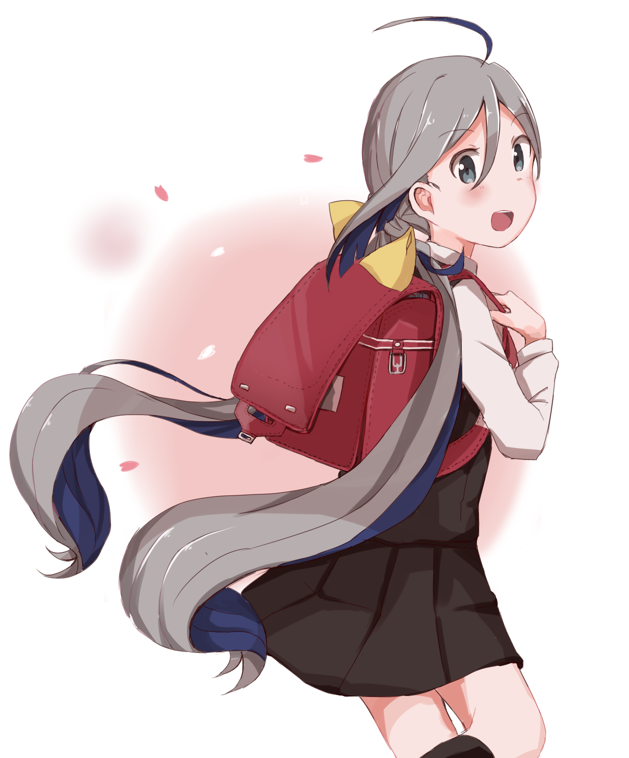 1girl ahoge alternate_costume backpack bag black_socks blue_hair commentary_request cosplay dress female_focus from_side grey_eyes grey_hair hair_between_eyes highres kantai_collection kasumi_(kancolle) kasumi_(kancolle)_(cosplay) kiyoshimo_(kancolle) kneehighs long_hair long_sleeves looking_at_viewer looking_to_the_side low_twintails multicolored_hair open_mouth petals pinafore_dress randoseru remodel_(kantai_collection) riz_(ravel_dc) shirt simple_background sleeveless sleeveless_dress socks solo twintails very_long_hair white_shirt