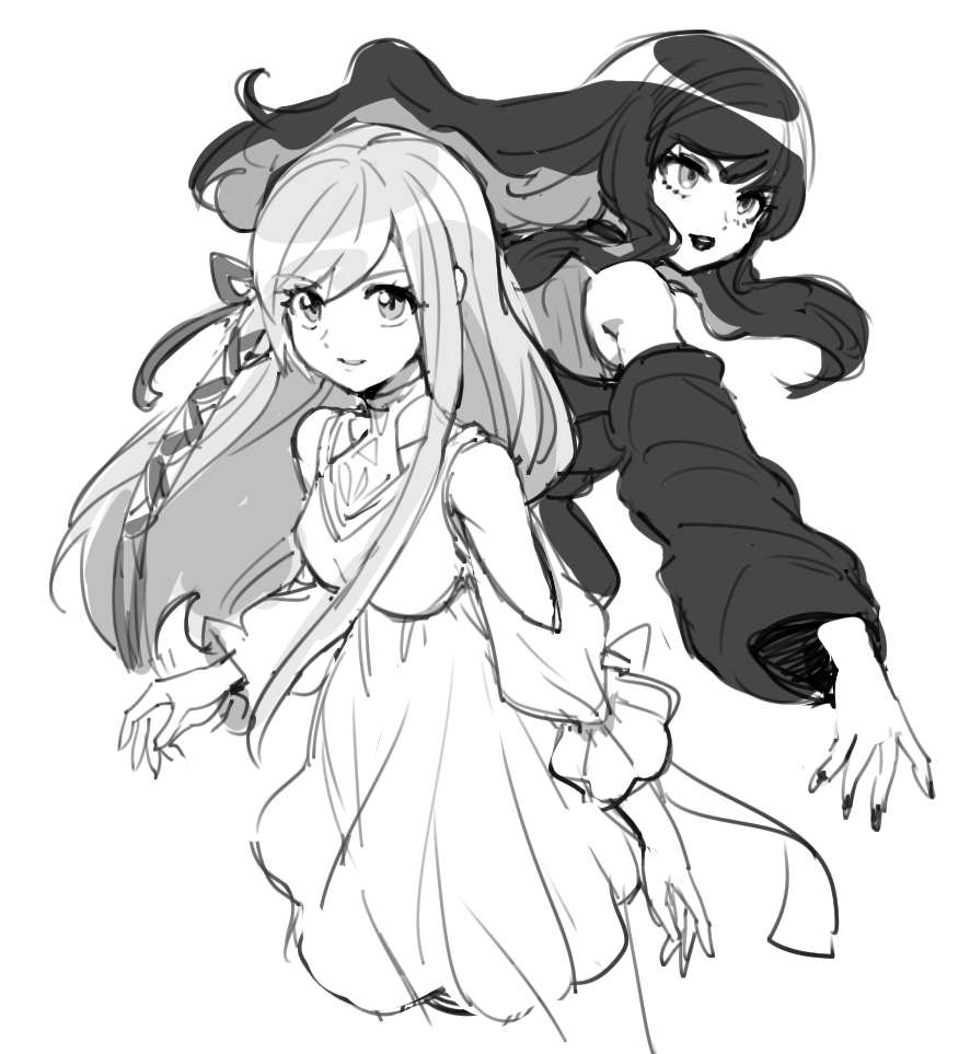 2girls bare_shoulders black_dress black_hair black_lips black_nails black_sleeves breasts dede_(qwea_00000) detached_sleeves dress final_fantasy final_fantasy_xiv gaia_(ff14) greyscale hair_ribbon long_hair medium_breasts monochrome multiple_girls parted_lips ribbon ryne_waters sidelocks sketch smile upper_body white_background white_dress