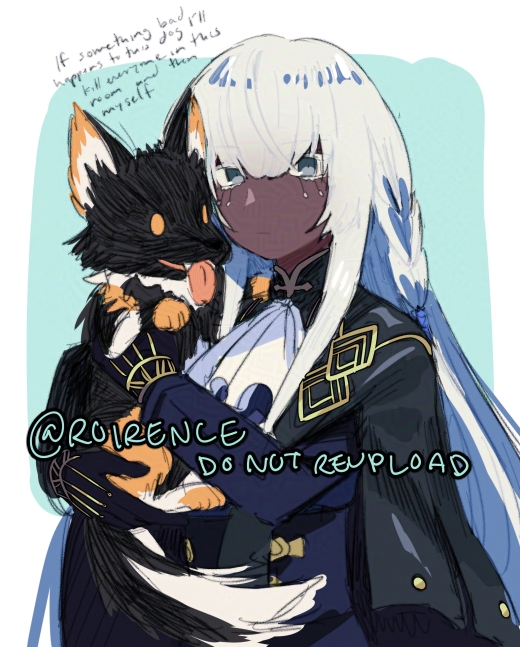 1girl animal ascot black_coat black_fur black_gloves blue_background border brigitta_(metaphor:_refantazio) coat dark-skinned_female dark_skin dog gloves grey_eyes holding holding_animal holding_dog long_hair looking_at_viewer metaphor:_refantazio outside_border pet roirence tongue tongue_out very_dark_skin white_ascot white_border white_hair