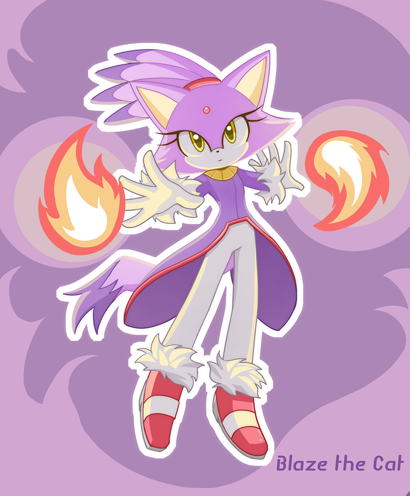 1girl animal_ears blaze_the_cat boots cat_ears cat_girl cat_tail character_name fire forehead_jewel fur-trimmed_footwear fur-trimmed_gloves fur_trim furry furry_female gloves gold_necklace howxu jacket jewelry necklace pants pink_boots ponytail purple_jacket sonic_(series) tail white_gloves white_pants yellow_eyes